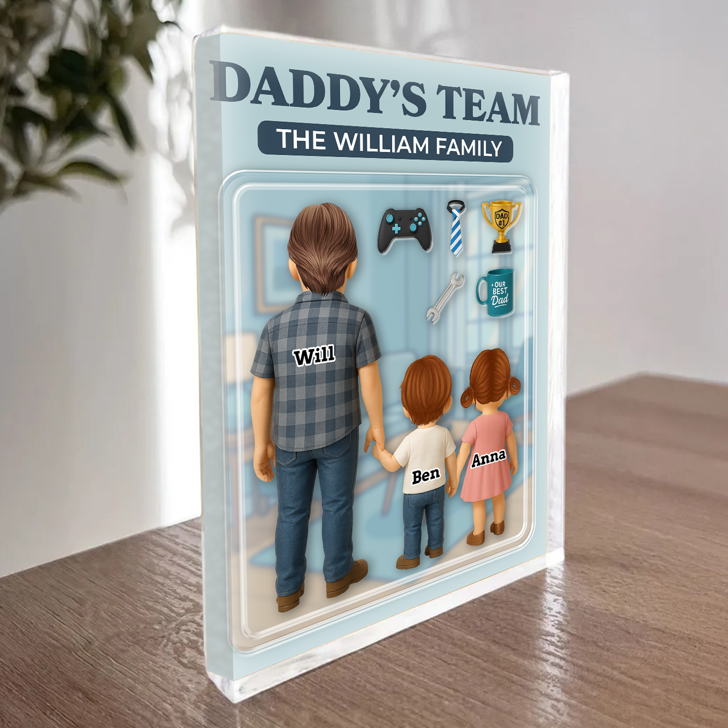 Daddy's Team Style Custom Figure Acrylic Block Plaque - Personalized family gift.