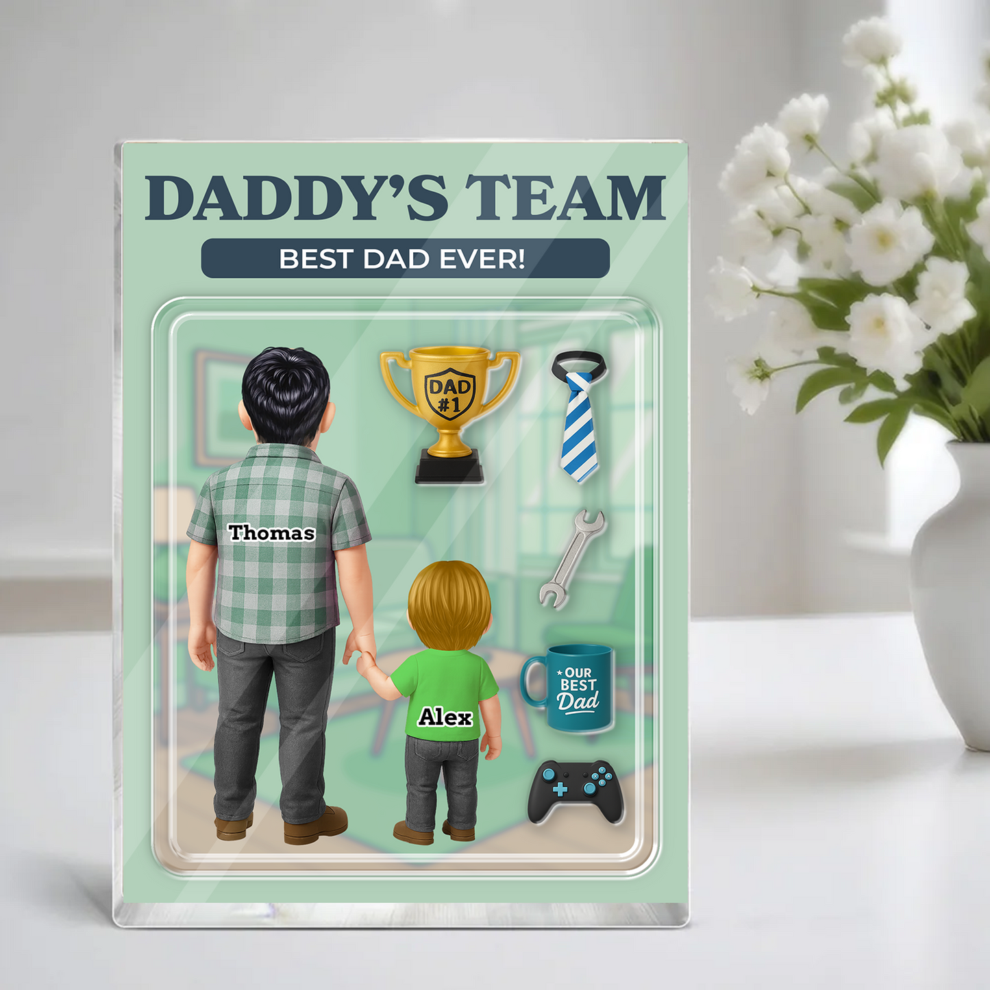 Daddy's Team Style Custom Figure Acrylic Block Plaque - Personalized family gift.