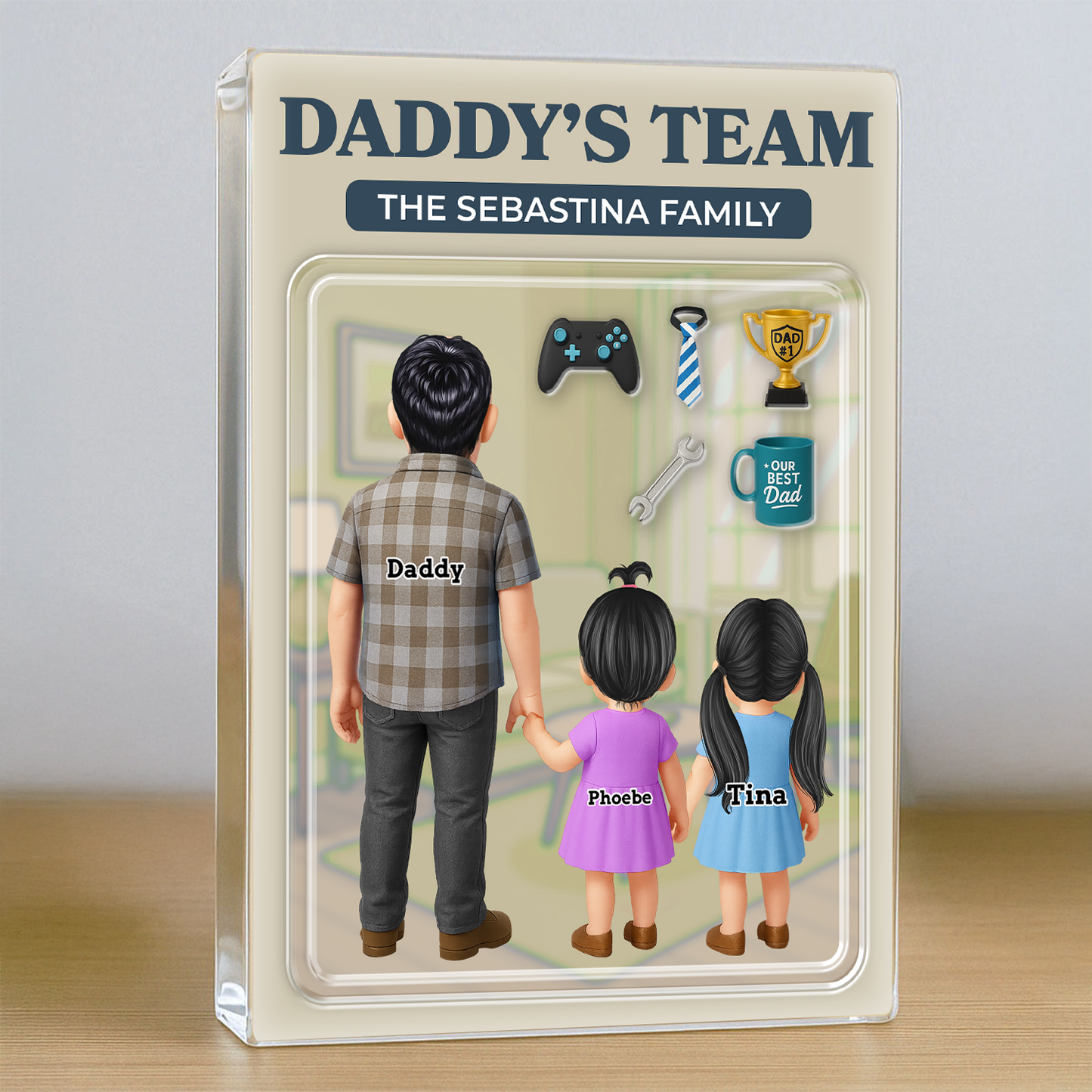 Daddy's Team Style Custom Figure Acrylic Block Plaque - Personalized family gift.