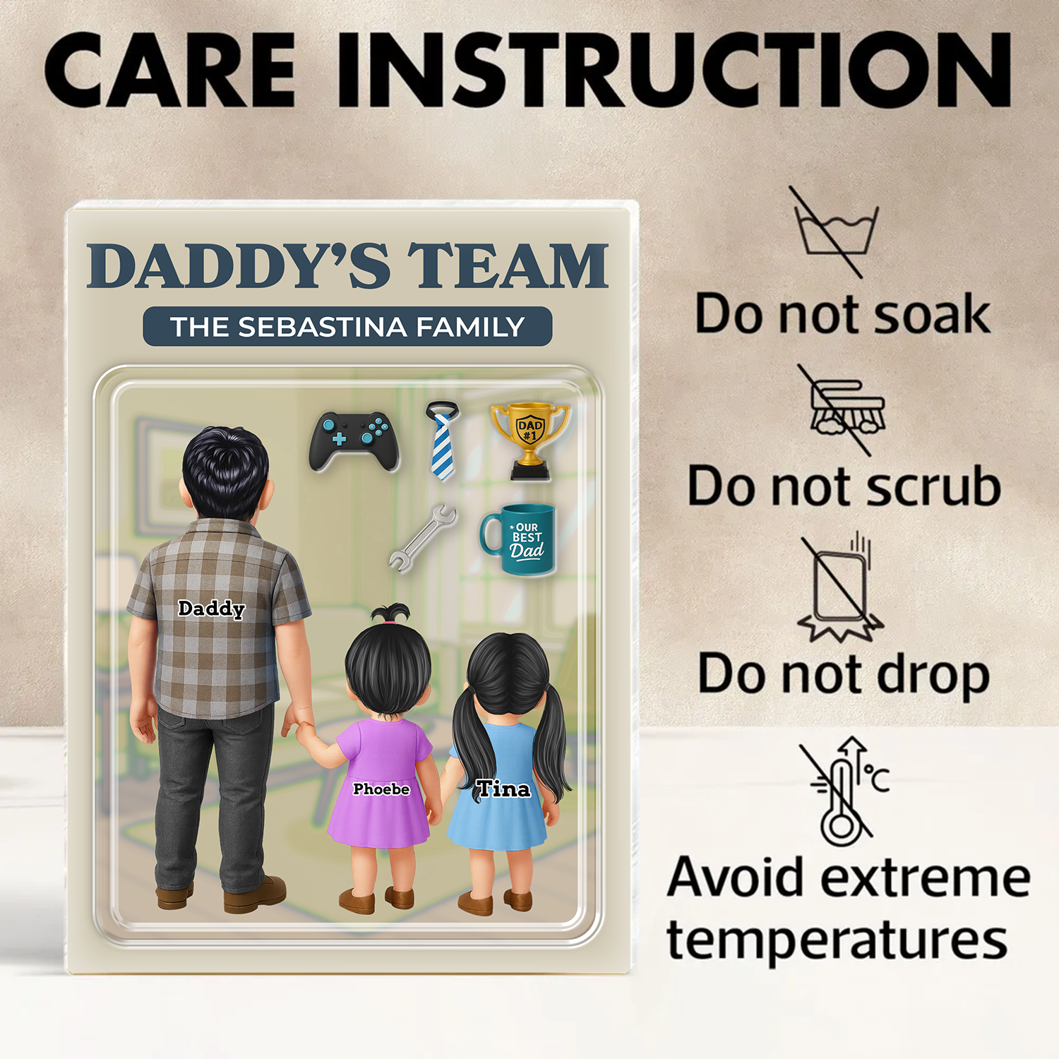 Daddy's Team Style Custom Figure Acrylic Block Plaque - Personalized family gift.