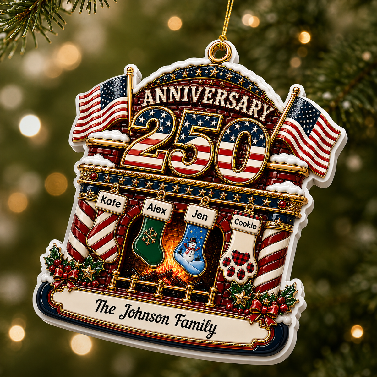 Christmas Fireplace Love United States Of America - Real 3D Relief Ornament