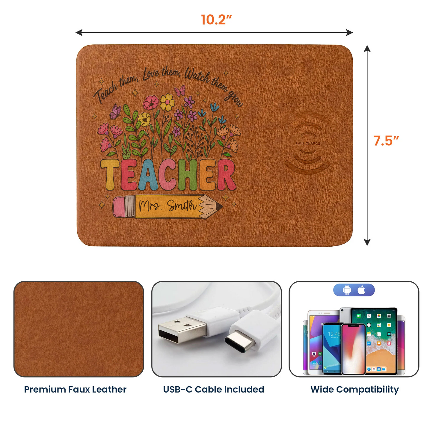 Love Them Watch Them Grow Teacher Gifts - Personalized Leather Charging Mat