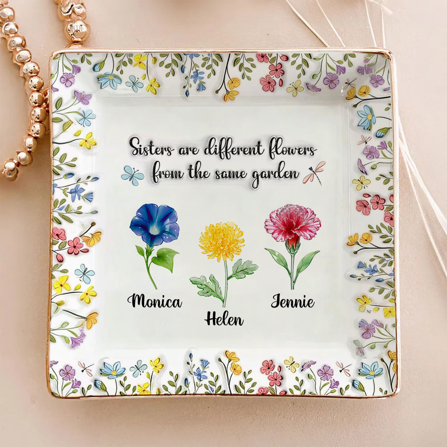 Personalized ring dish with flowers, a thoughtful Mother's Day gift from Jillian Customs.