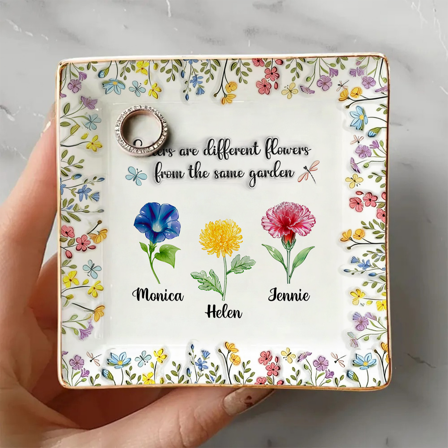 Personalized ring dish with flowers, a thoughtful Mother's Day gift from Jillian Customs.