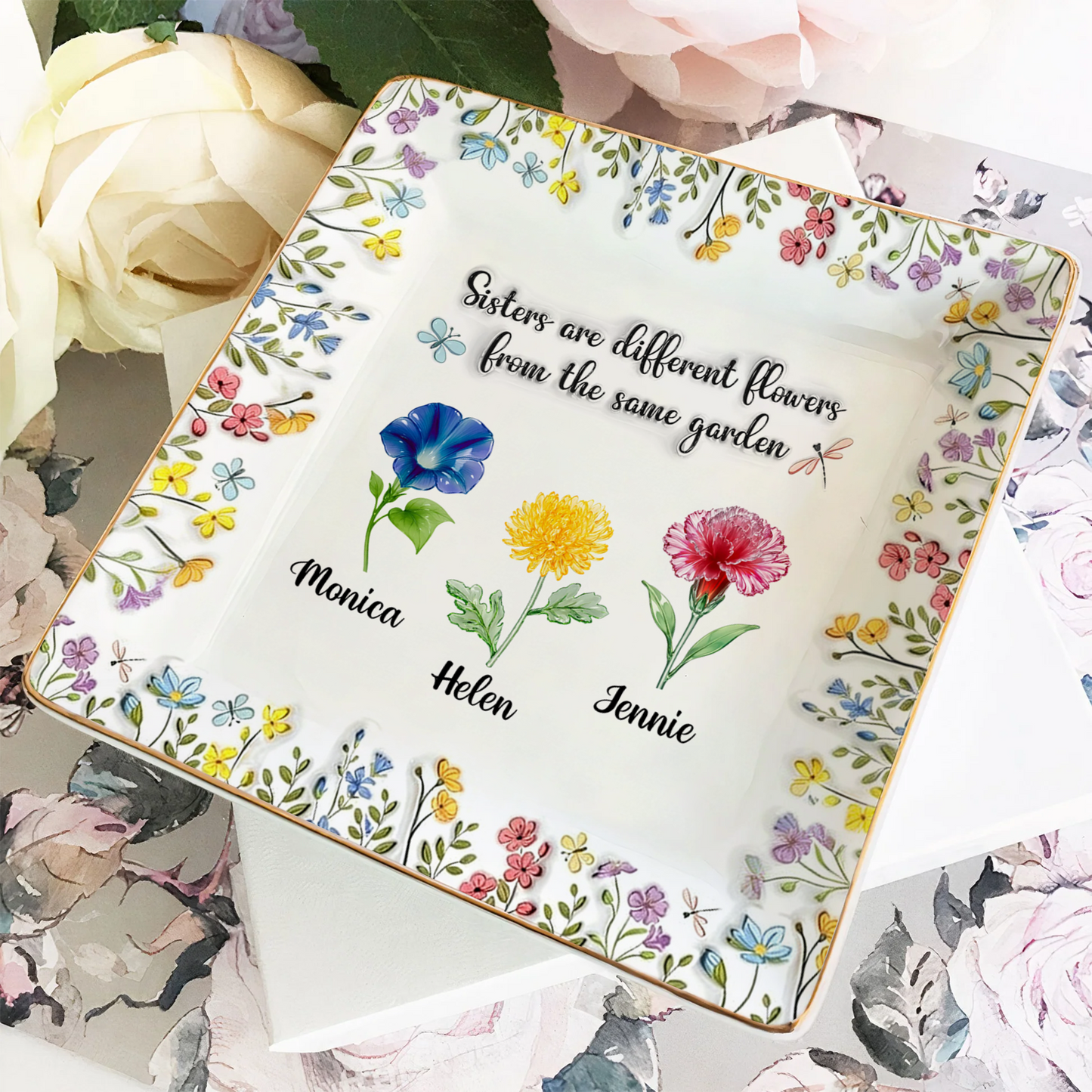 Personalized ring dish with flowers, a thoughtful Mother's Day gift from Jillian Customs.