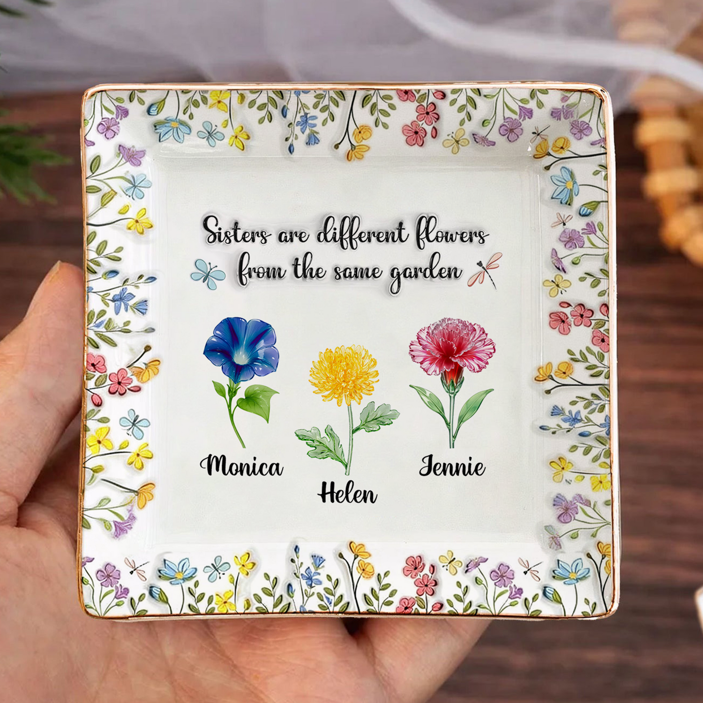 Personalized ring dish with flowers, a thoughtful Mother's Day gift from Jillian Customs.