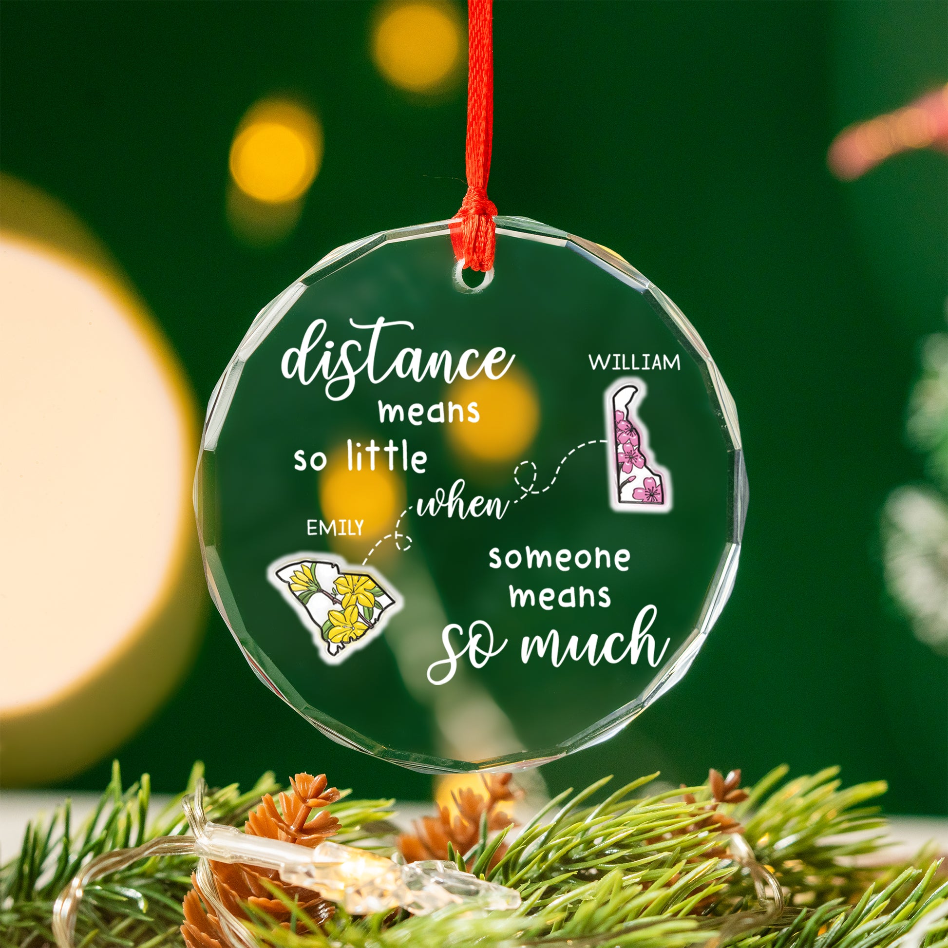 Personalized "Distance Means So Little" custom glass Christmas ornament.