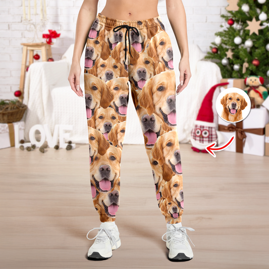 Personalized pajama pants with custom dog or cat face photo. A fun Christmas gift for pet lovers.