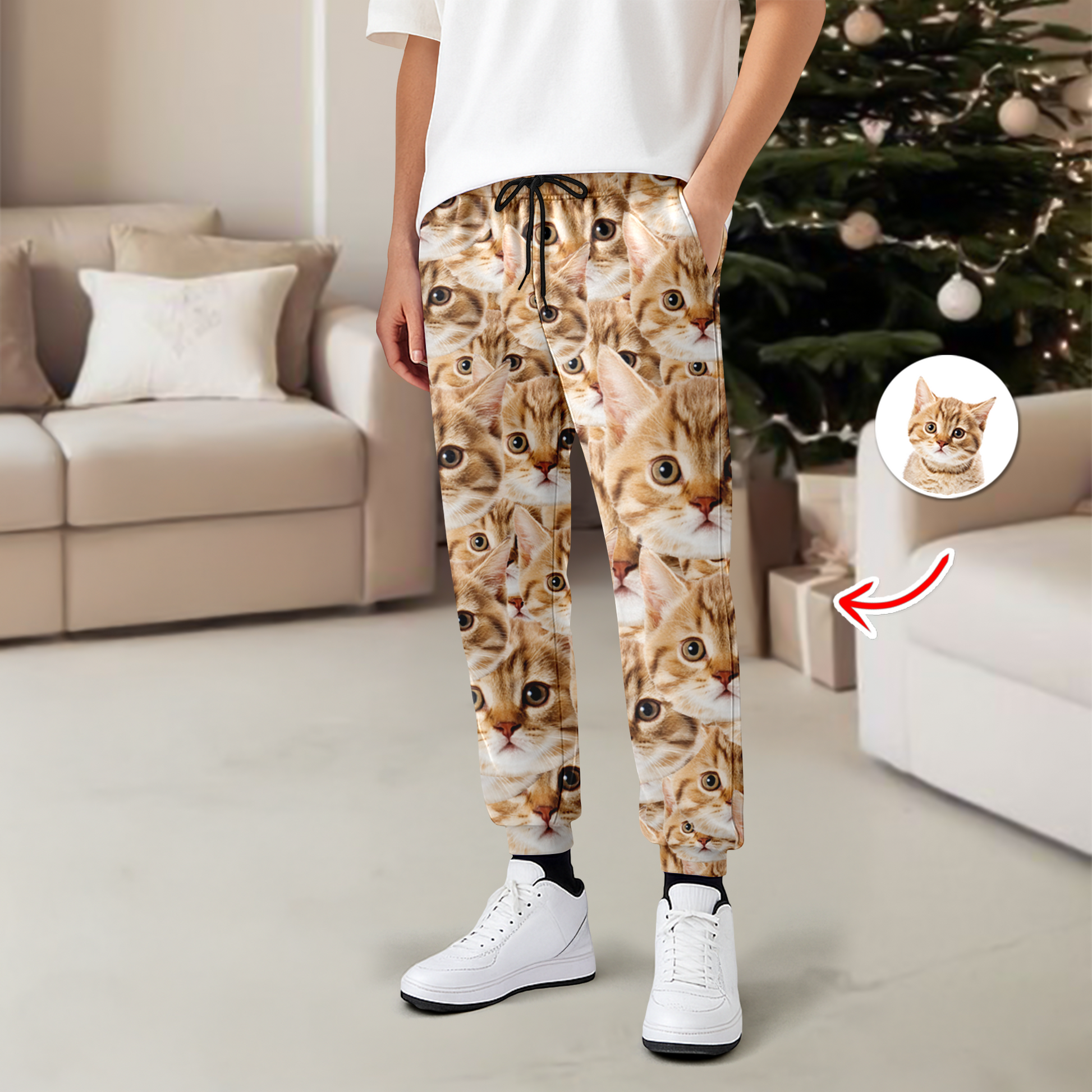 Personalized pajama pants with custom dog or cat face photo. A fun Christmas gift for pet lovers.