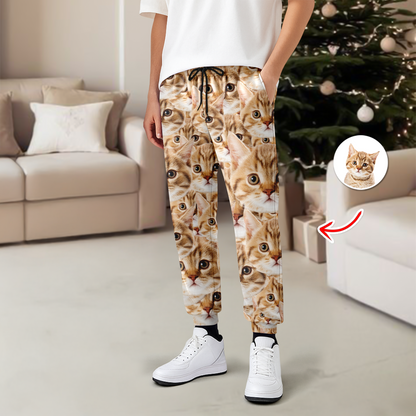 Personalized pajama pants with custom dog or cat face photo. A fun Christmas gift for pet lovers.