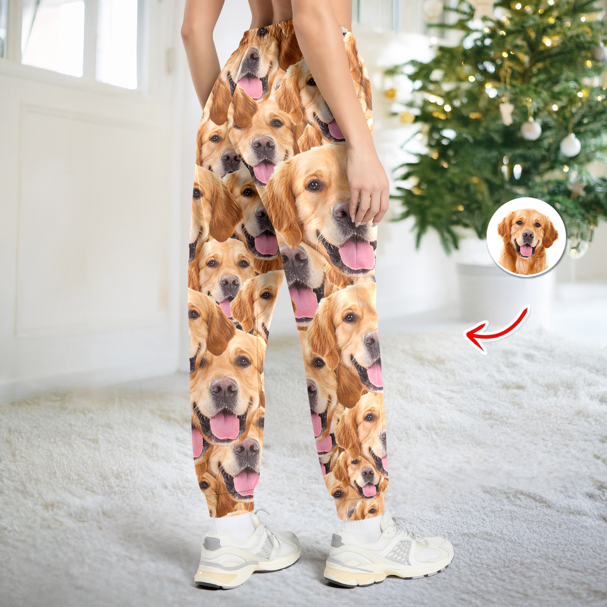 Personalized pajama pants with custom dog or cat face photo. A fun Christmas gift for pet lovers.