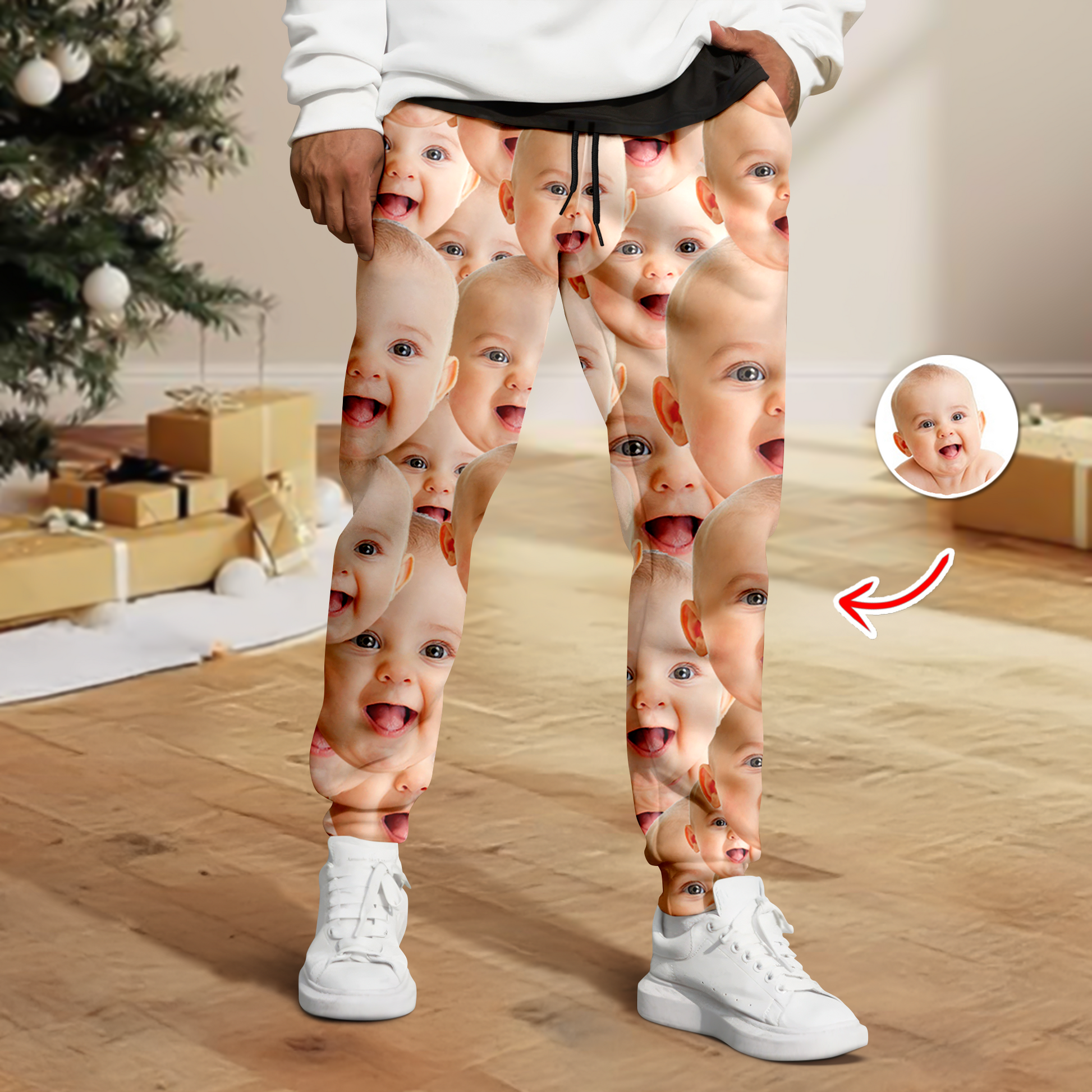 Personalized pajama pants with custom dog or cat face photo. A fun Christmas gift for pet lovers.