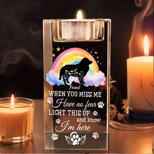 Personalized "Dog Loss When You Miss Me" crystal candle holder, a memorial gift to remember your beloved pet.