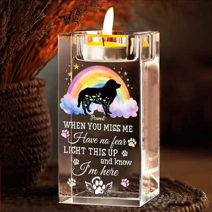 Personalized "Dog Loss When You Miss Me" crystal candle holder, a memorial gift to remember your beloved pet.