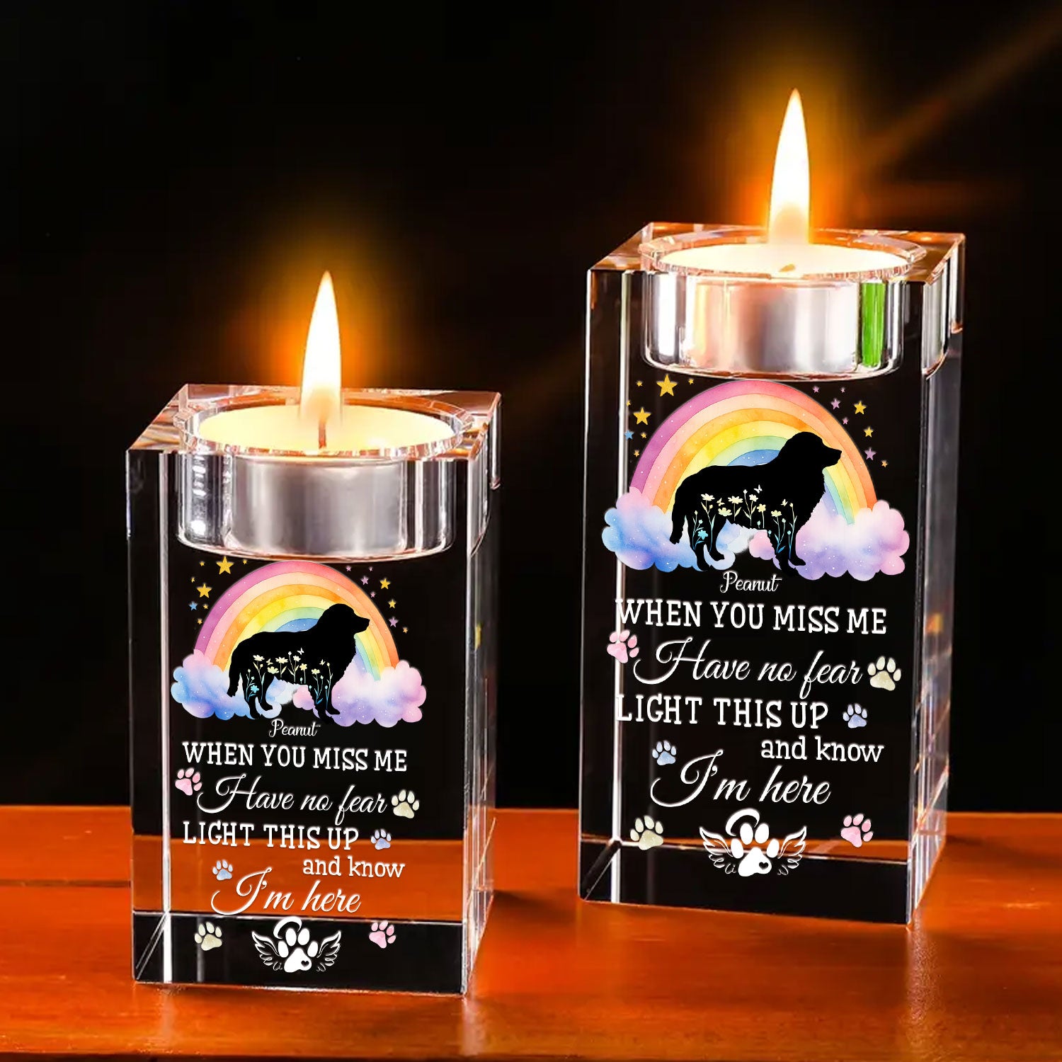 Personalized "Dog Loss When You Miss Me" crystal candle holder, a memorial gift to remember your beloved pet.