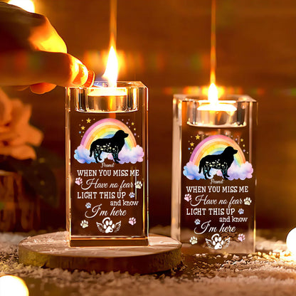 Personalized "Dog Loss When You Miss Me" crystal candle holder, a memorial gift to remember your beloved pet.