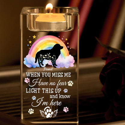 Personalized "Dog Loss When You Miss Me" crystal candle holder, a memorial gift to remember your beloved pet.
