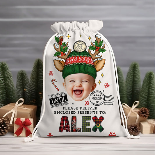 Doodle Alphabet Christmas Bag, personalized sack for family gifts.