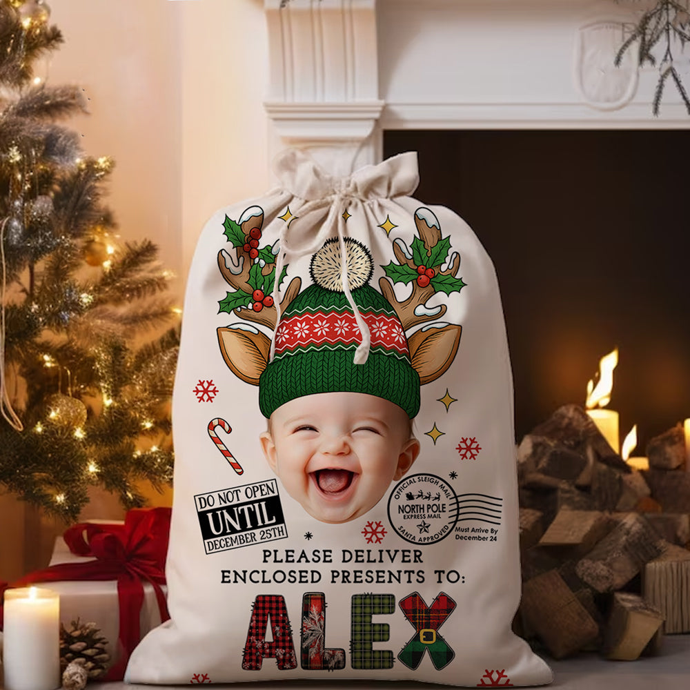 Doodle Alphabet Christmas Bag, personalized sack for family gifts.