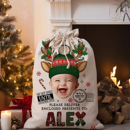Doodle Alphabet Christmas Bag, personalized sack for family gifts.