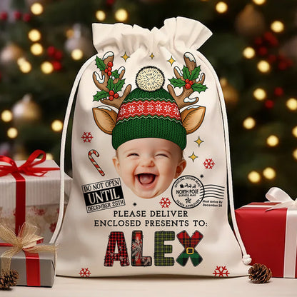 Doodle Alphabet Christmas Bag, personalized sack for family gifts.