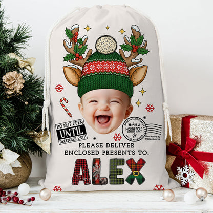 Doodle Alphabet Christmas Bag, personalized sack for family gifts.
