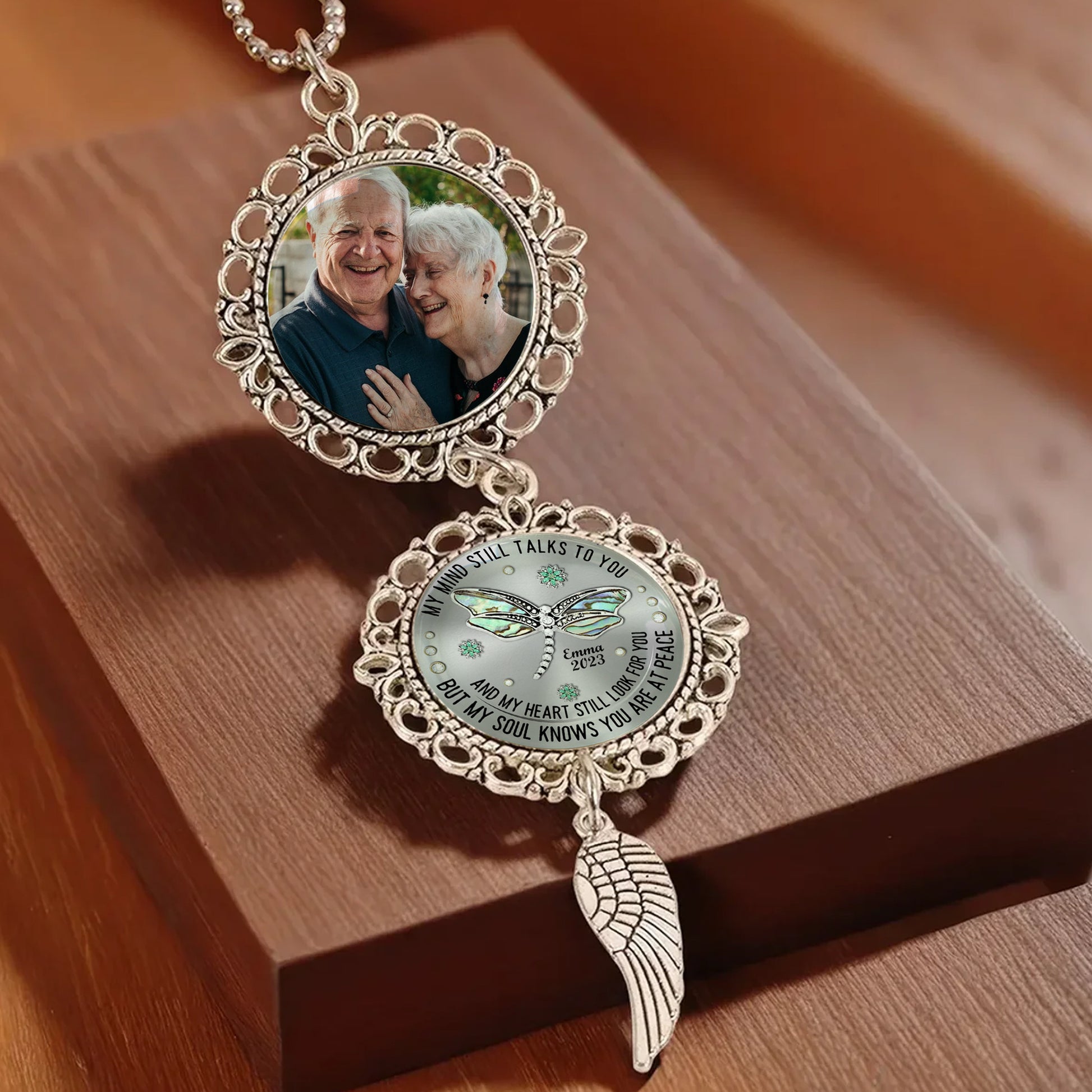 Personalized Dragonfly Car Ornament with Photo and Charm - "My Mind, My Heart, My Soul"