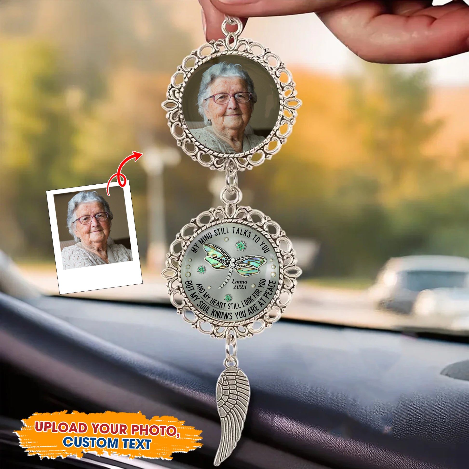 Personalized Dragonfly Car Ornament with Photo and Charm - "My Mind, My Heart, My Soul"