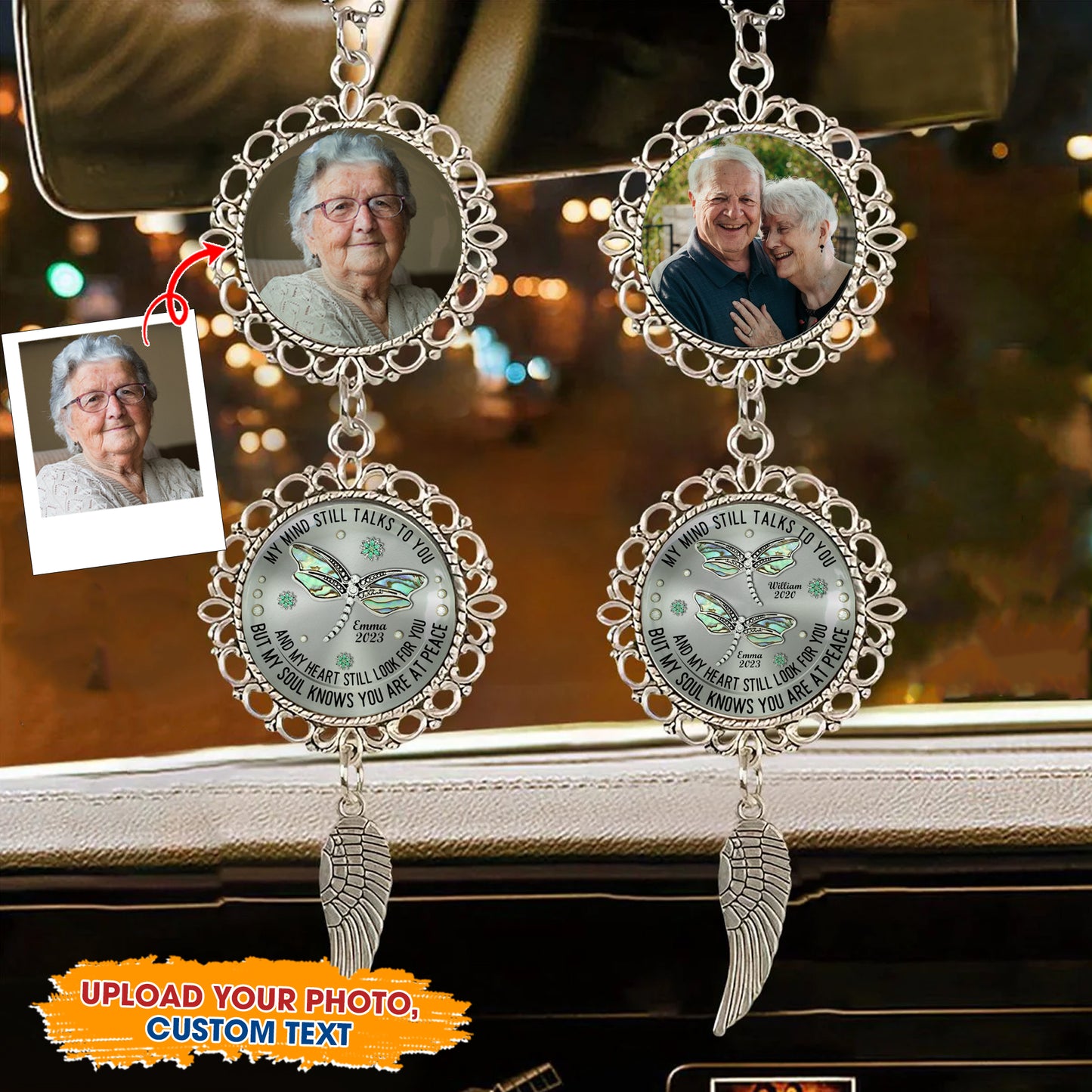Personalized Dragonfly Car Ornament with Photo and Charm - "My Mind, My Heart, My Soul"