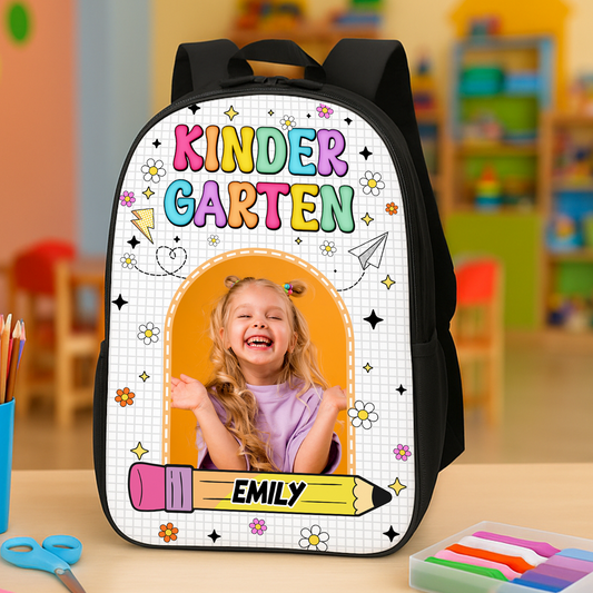 Personalized kids backpack with drawing design and custom name, perfect for school.