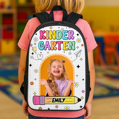 Personalized kids backpack with drawing design and custom name, perfect for school.