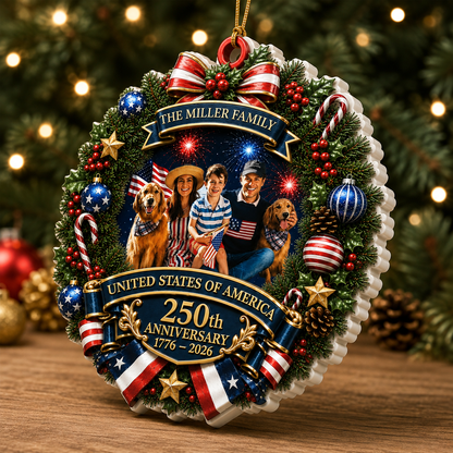 Family Photo America 250th Anniversary Christmas Names - Real 3D Relief Ornament 2