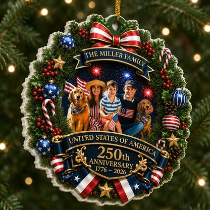 Family Photo America 250th Anniversary Christmas Names - Real 3D Relief Ornament 2