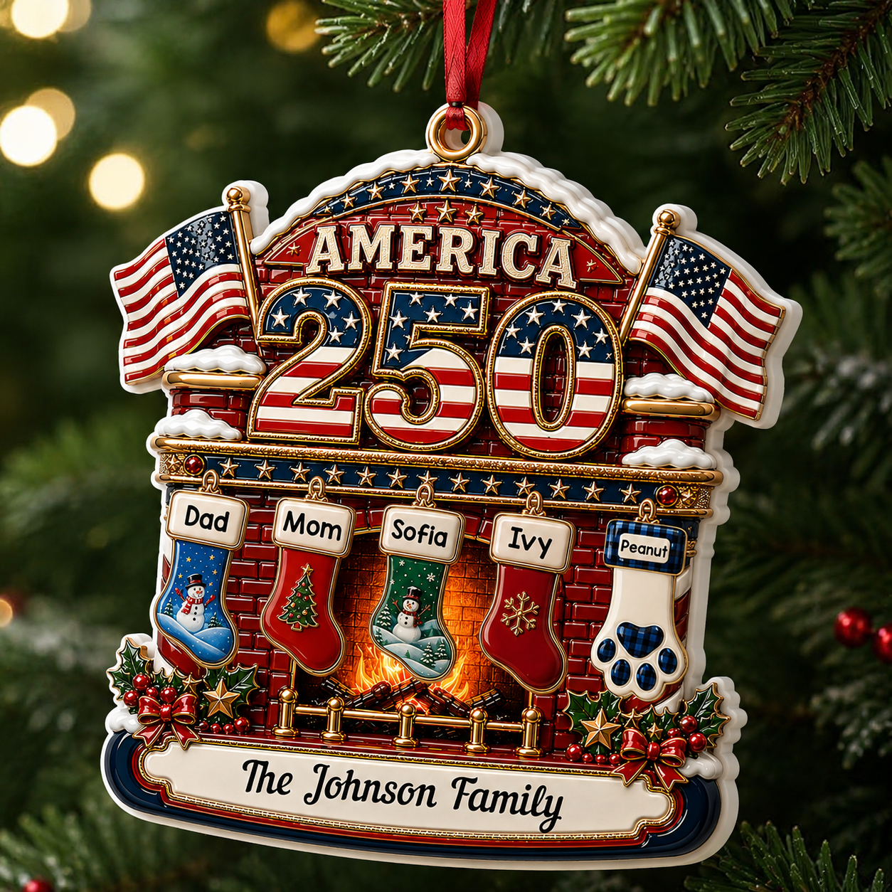 Christmas Fireplace Love United States Of America - Real 3D Relief Ornament