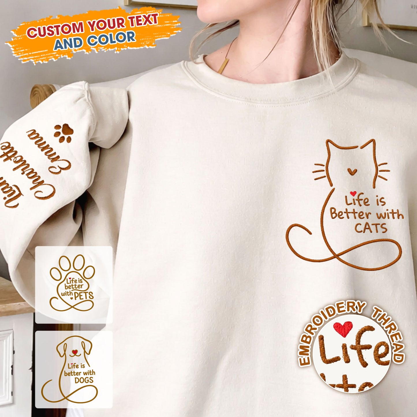 Custom Embroidered Dog & Cat Crewneck Sweatshirt - Personalized gift for pet lovers.