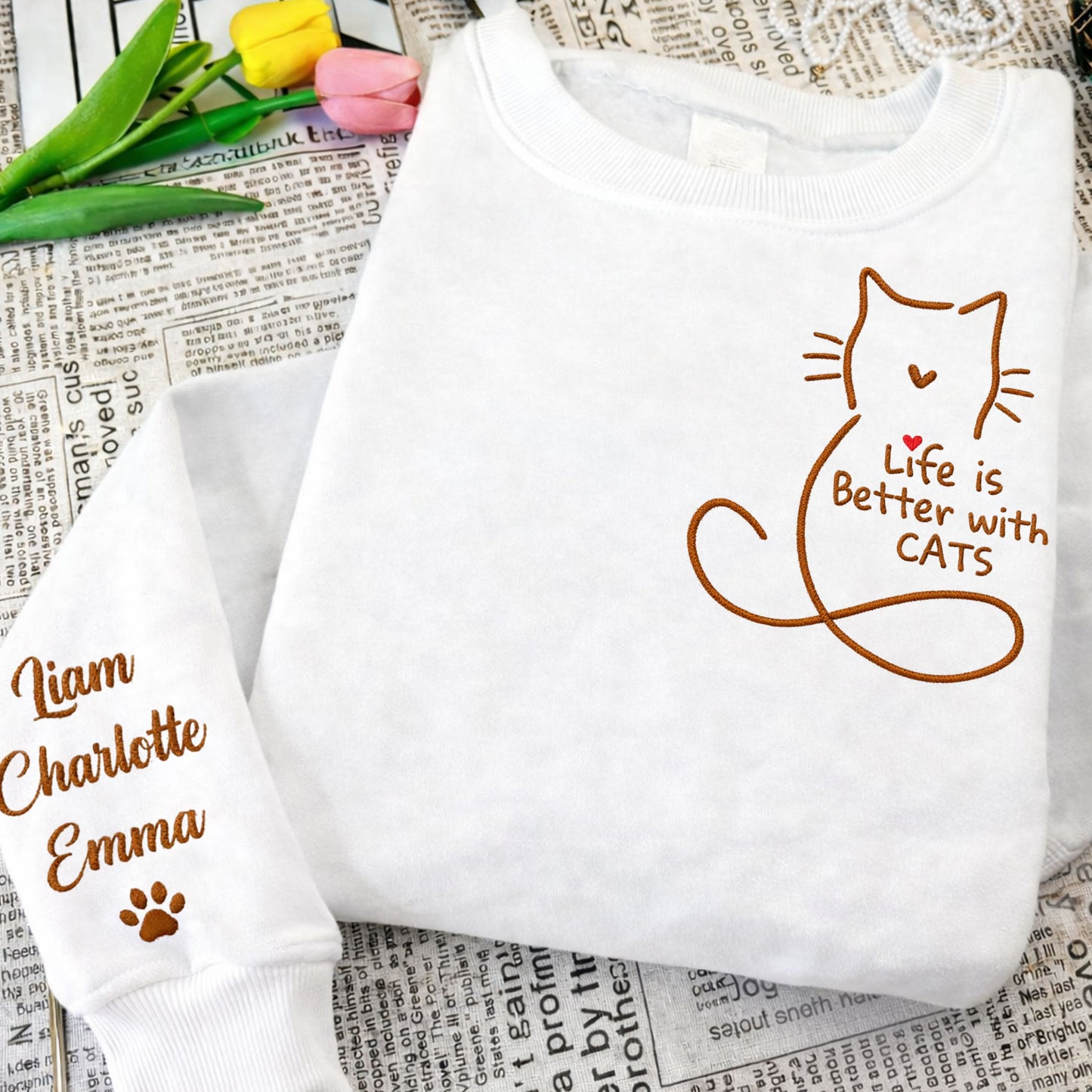 Custom Embroidered Dog & Cat Crewneck Sweatshirt - Personalized gift for pet lovers.