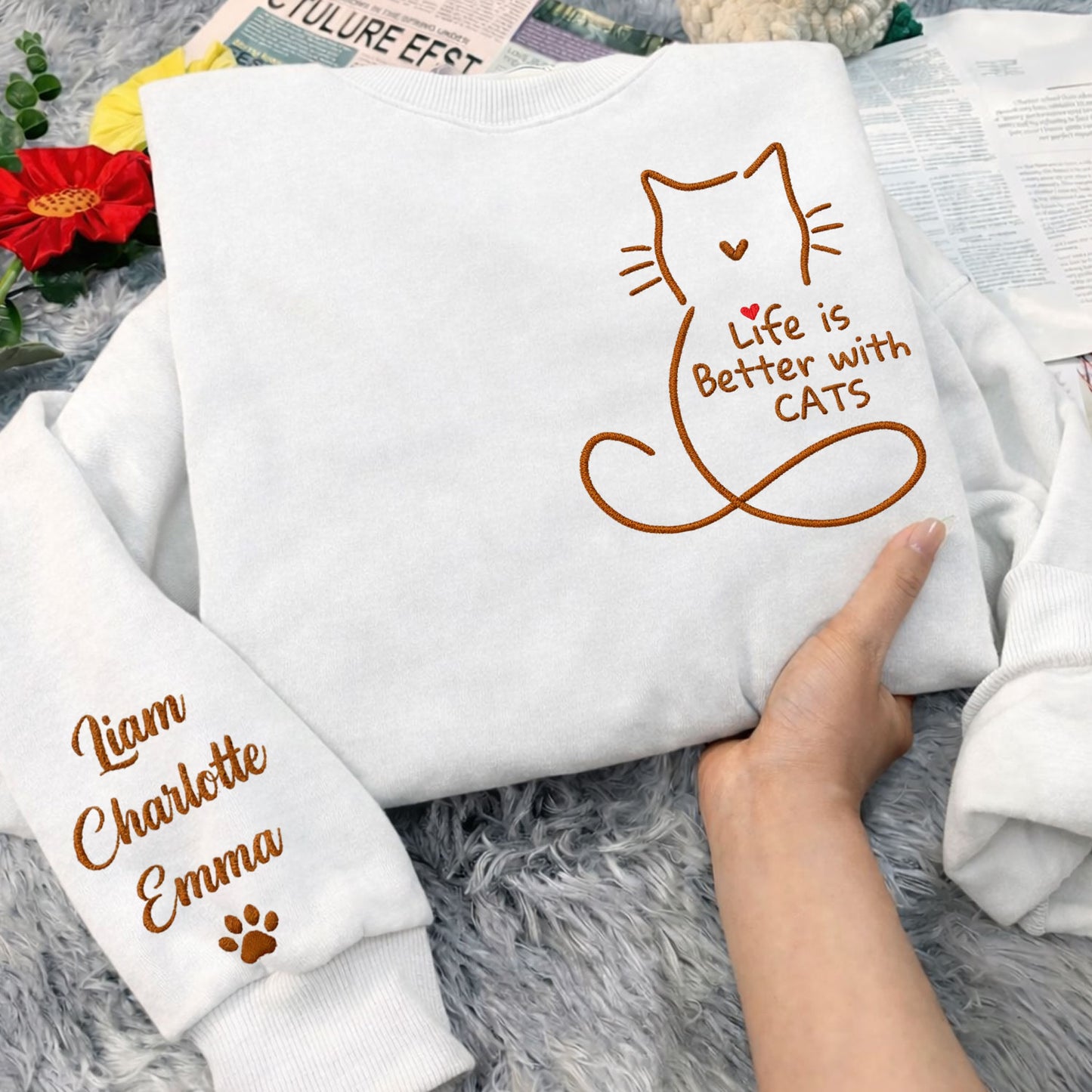 Custom Embroidered Dog & Cat Crewneck Sweatshirt - Personalized gift for pet lovers.