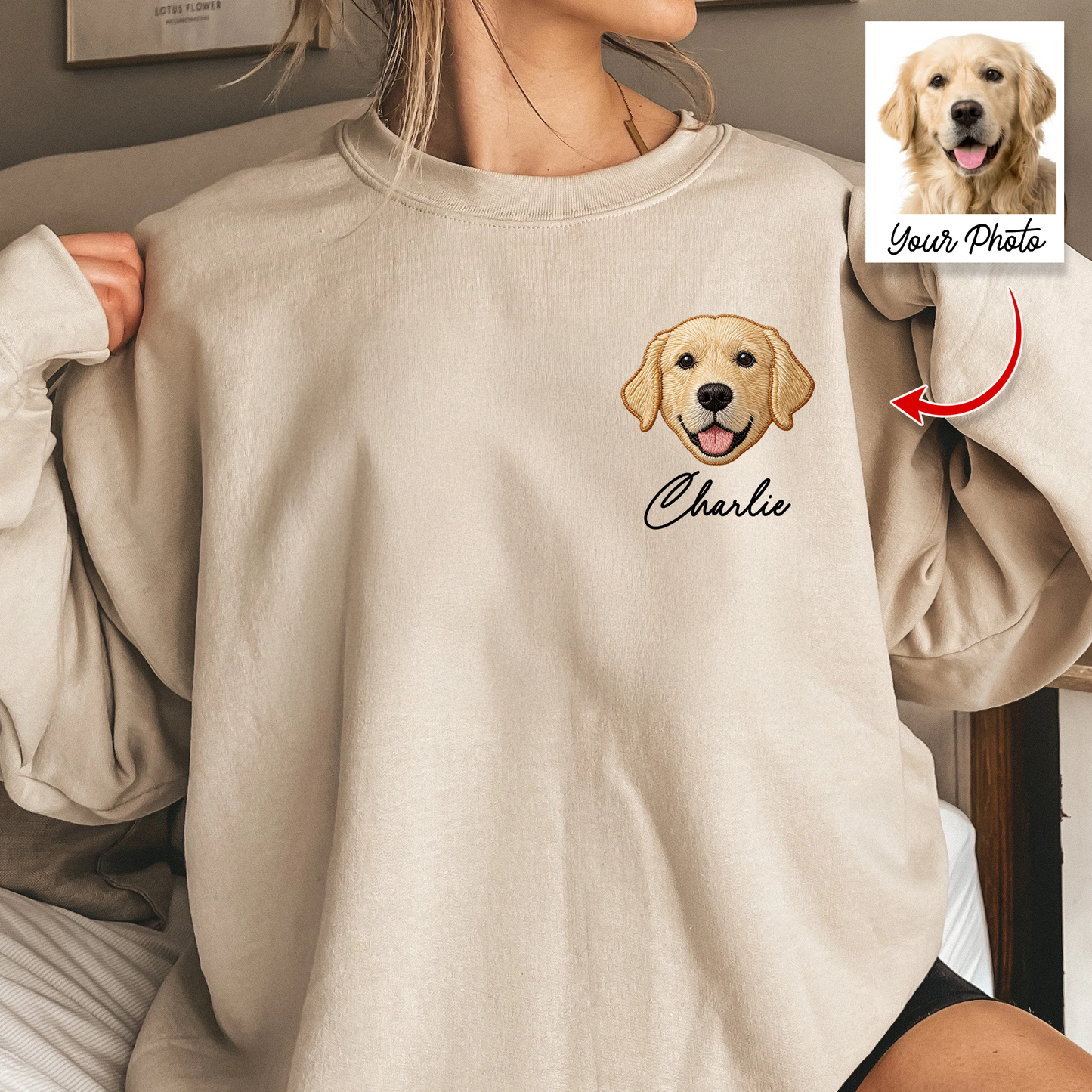 Custom embroidered pet crewneck sweatshirt featuring a cute dog portrait, a unique gift for pet lovers.