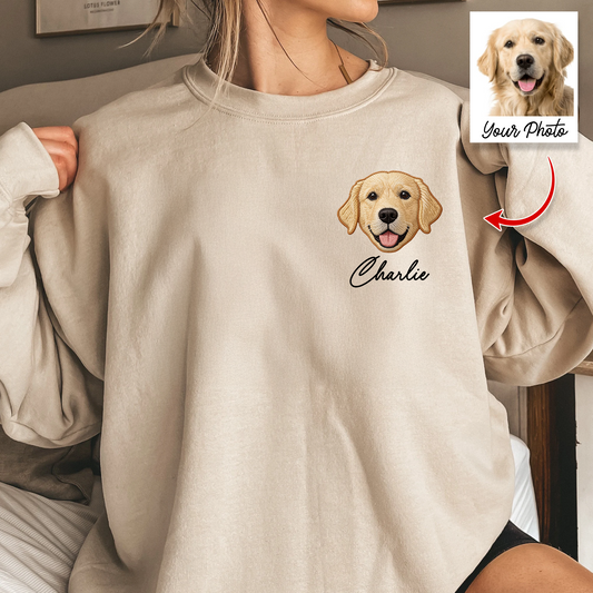 Custom embroidered pet crewneck sweatshirt featuring a cute dog portrait, a unique gift for pet lovers.
