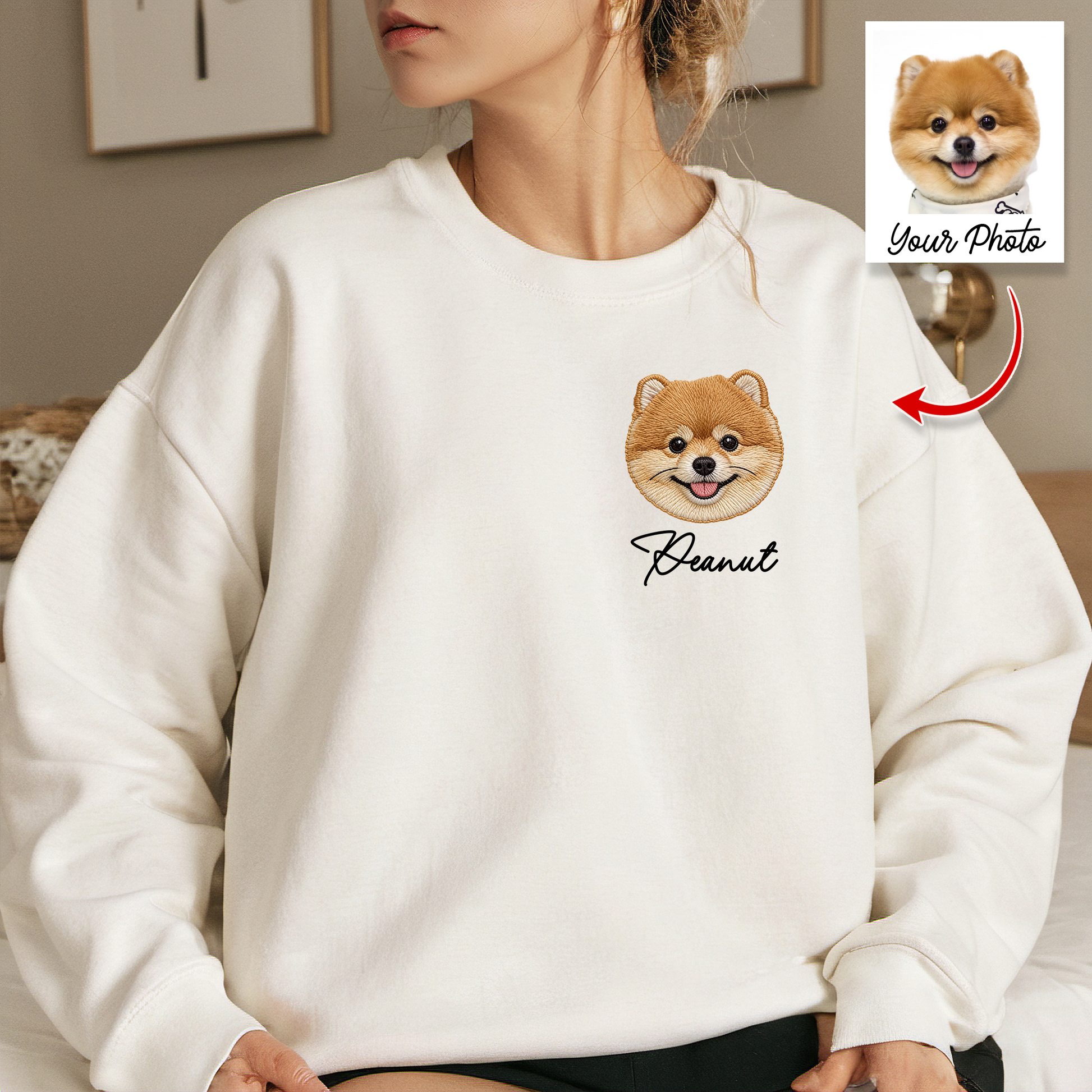 Custom embroidered pet crewneck sweatshirt featuring a cute dog portrait, a unique gift for pet lovers.