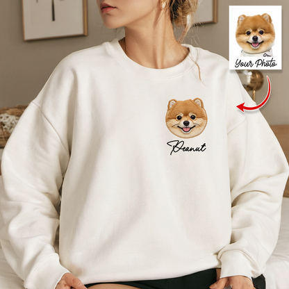Custom embroidered pet crewneck sweatshirt featuring a cute dog portrait, a unique gift for pet lovers.
