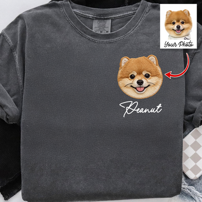Custom embroidered pet crewneck sweatshirt featuring a cute dog portrait, a unique gift for pet lovers.
