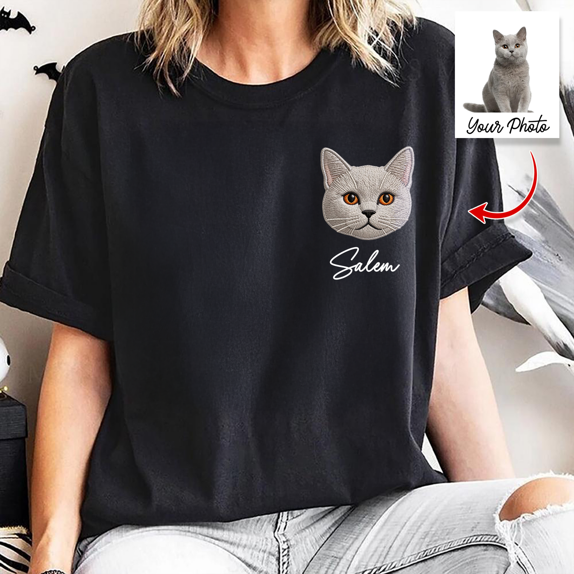 Custom embroidered pet crewneck sweatshirt featuring a cute dog portrait, a unique gift for pet lovers.