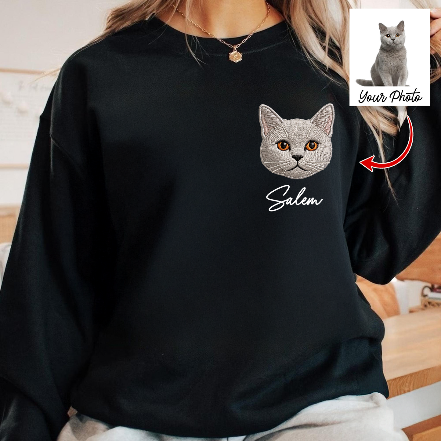 Custom embroidered pet crewneck sweatshirt featuring a cute dog portrait, a unique gift for pet lovers.