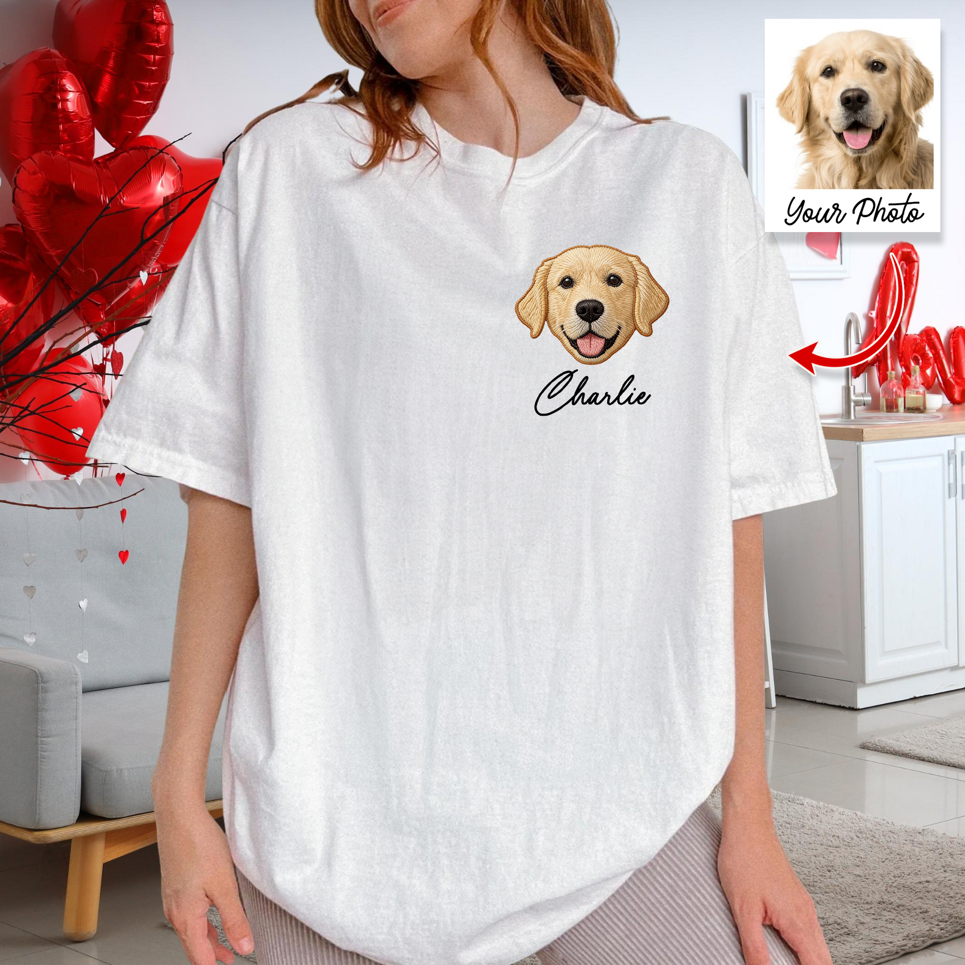 Custom embroidered pet crewneck sweatshirt featuring a cute dog portrait, a unique gift for pet lovers.