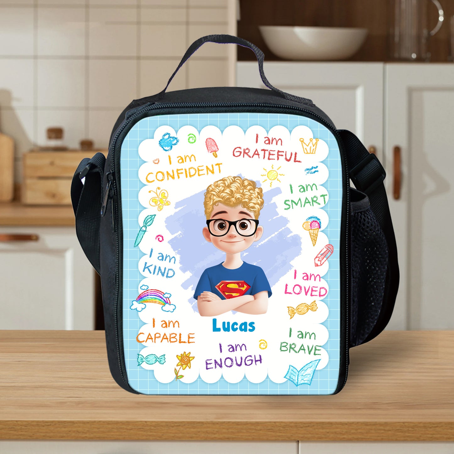 Personalized "Enjoy Your Lunch" kids lunch bag for back to school, featuring custom name.