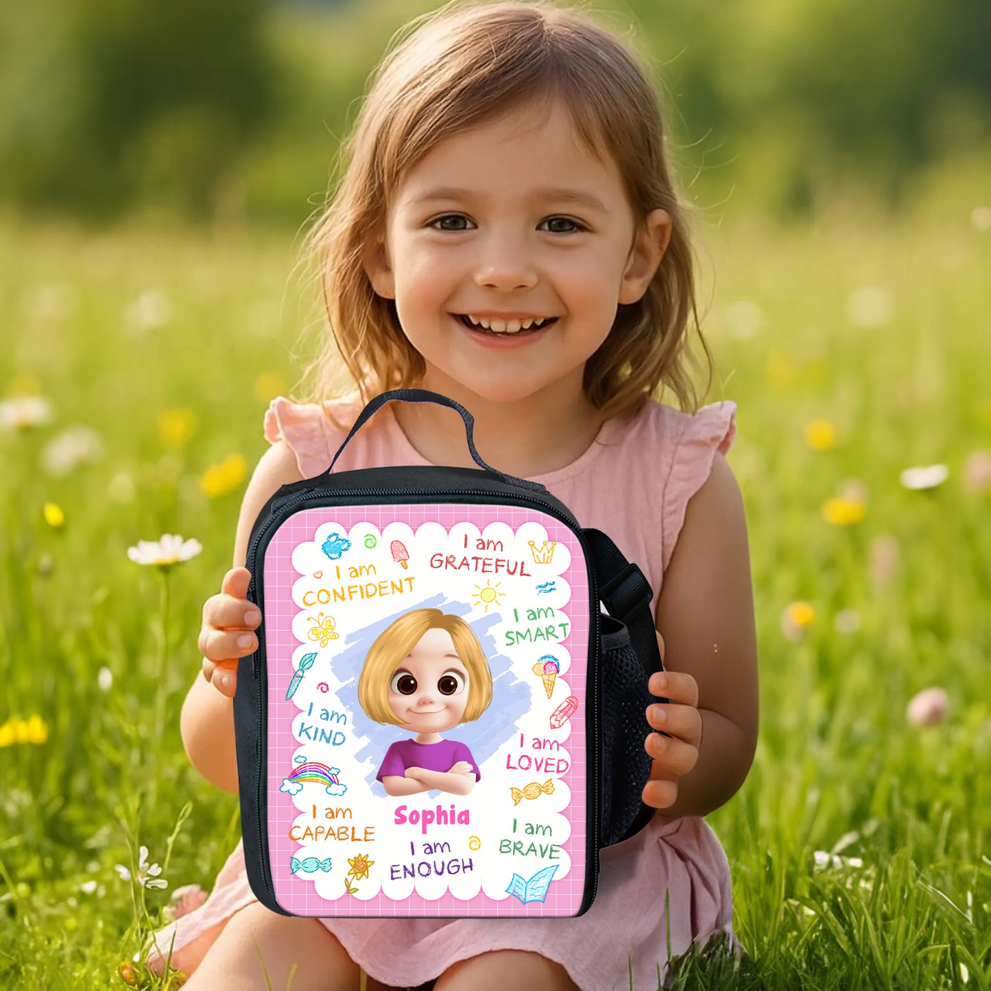 Personalized "Enjoy Your Lunch" kids lunch bag for back to school, featuring custom name.