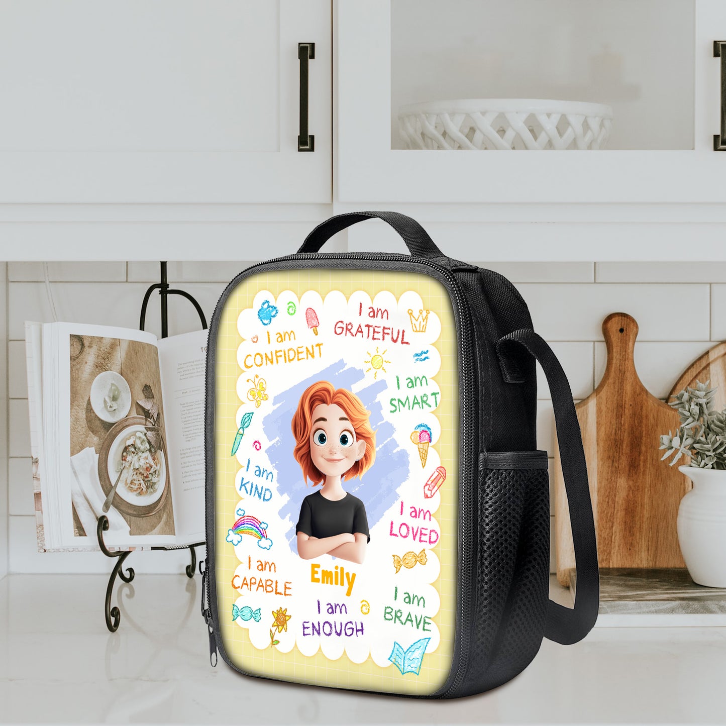 Personalized "Enjoy Your Lunch" kids lunch bag for back to school, featuring custom name.
