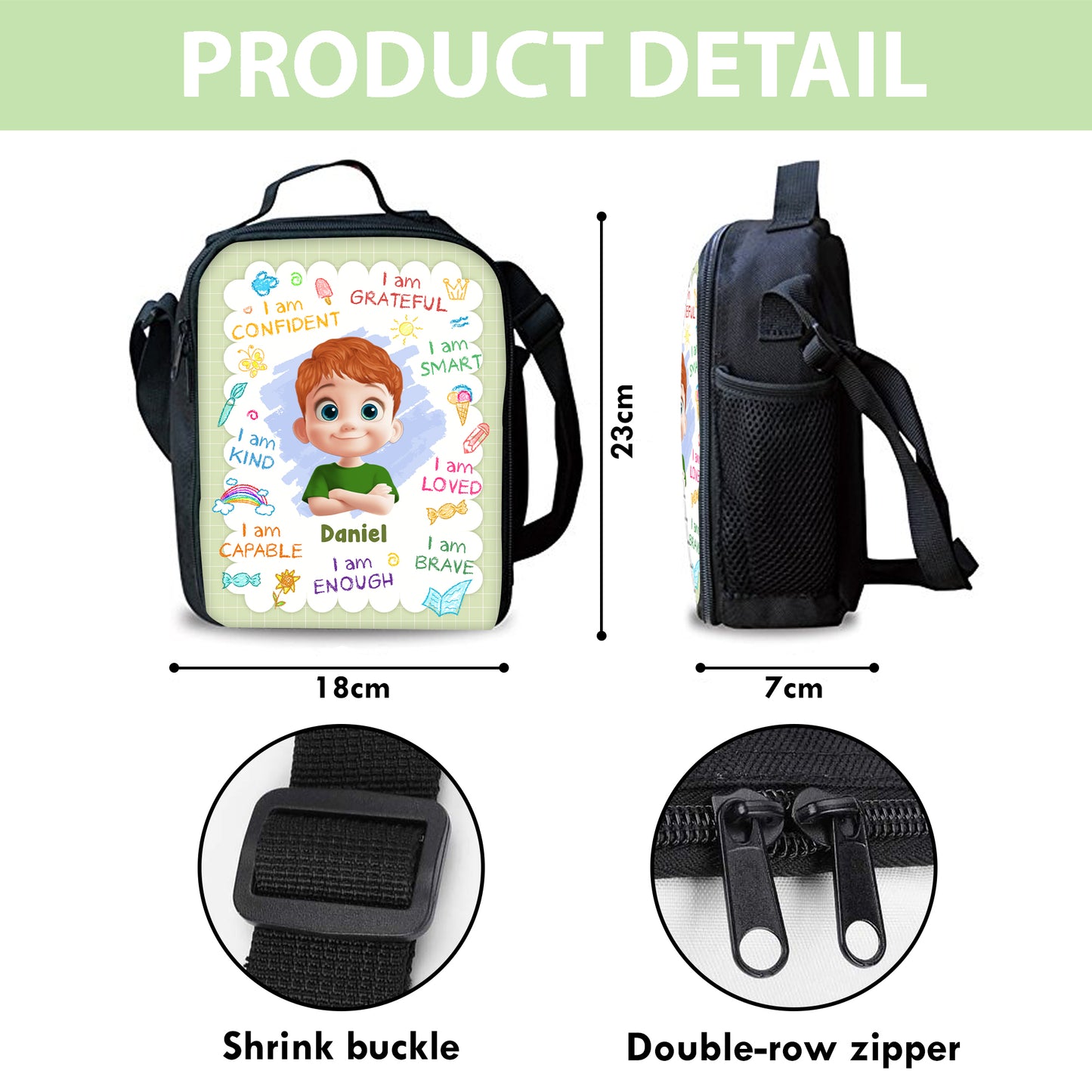 Personalized "Enjoy Your Lunch" kids lunch bag for back to school, featuring custom name.