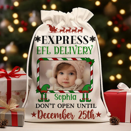 Personalized "Express Elf Delivery" Christmas sack gift bag for family, holiday decor.